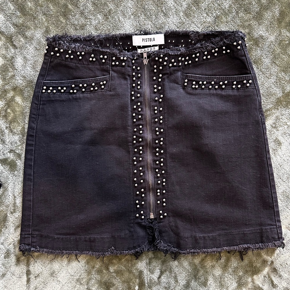 Pistola Black Studded Denim Mini Skirt Size 29 Raw Hem Zip Front
